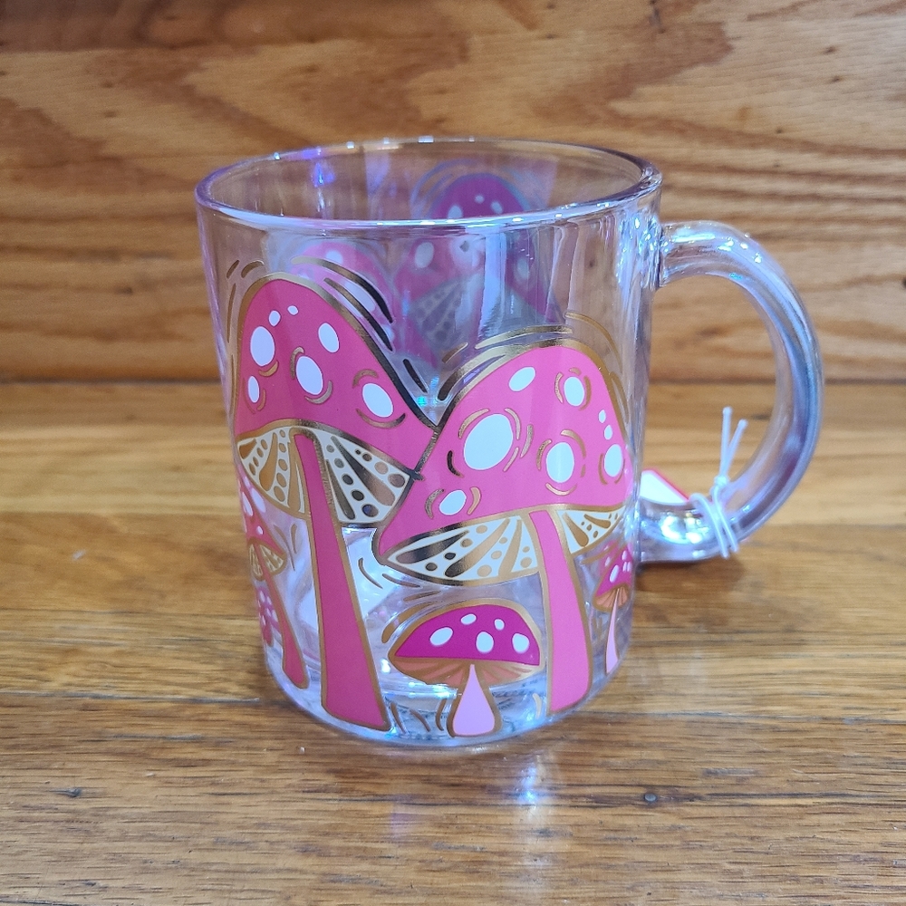 Cute iridescent pink and gold mushroom clear glass mug cup with handle